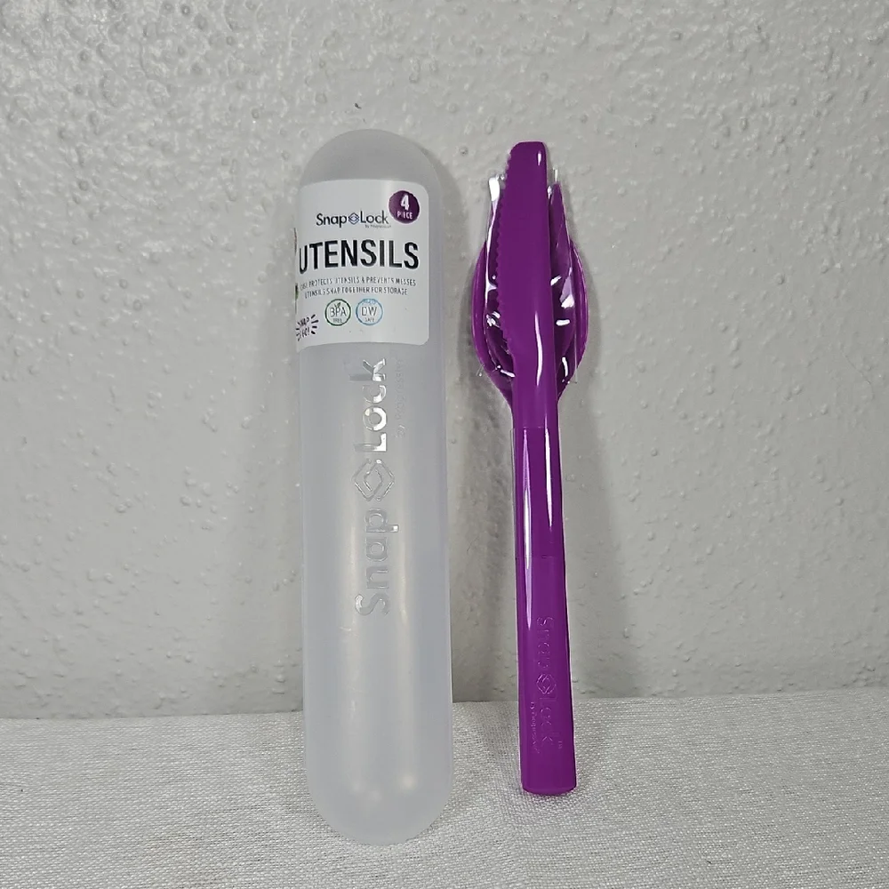 NWT SnapLock Purple Plastic Utensils Set of fork, spoon, knife and case